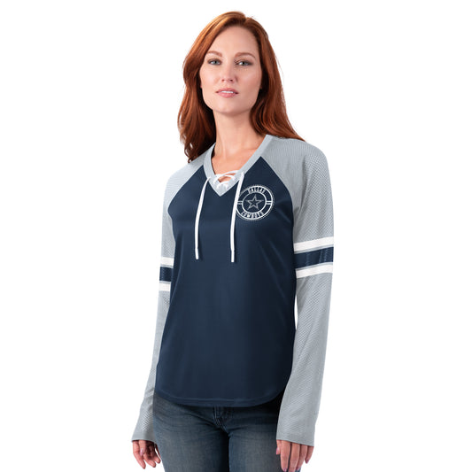 Dallas Cowboys Women's Navy/Gray Bootleg Play Long Sleeve Lace Up Tee - By GIII