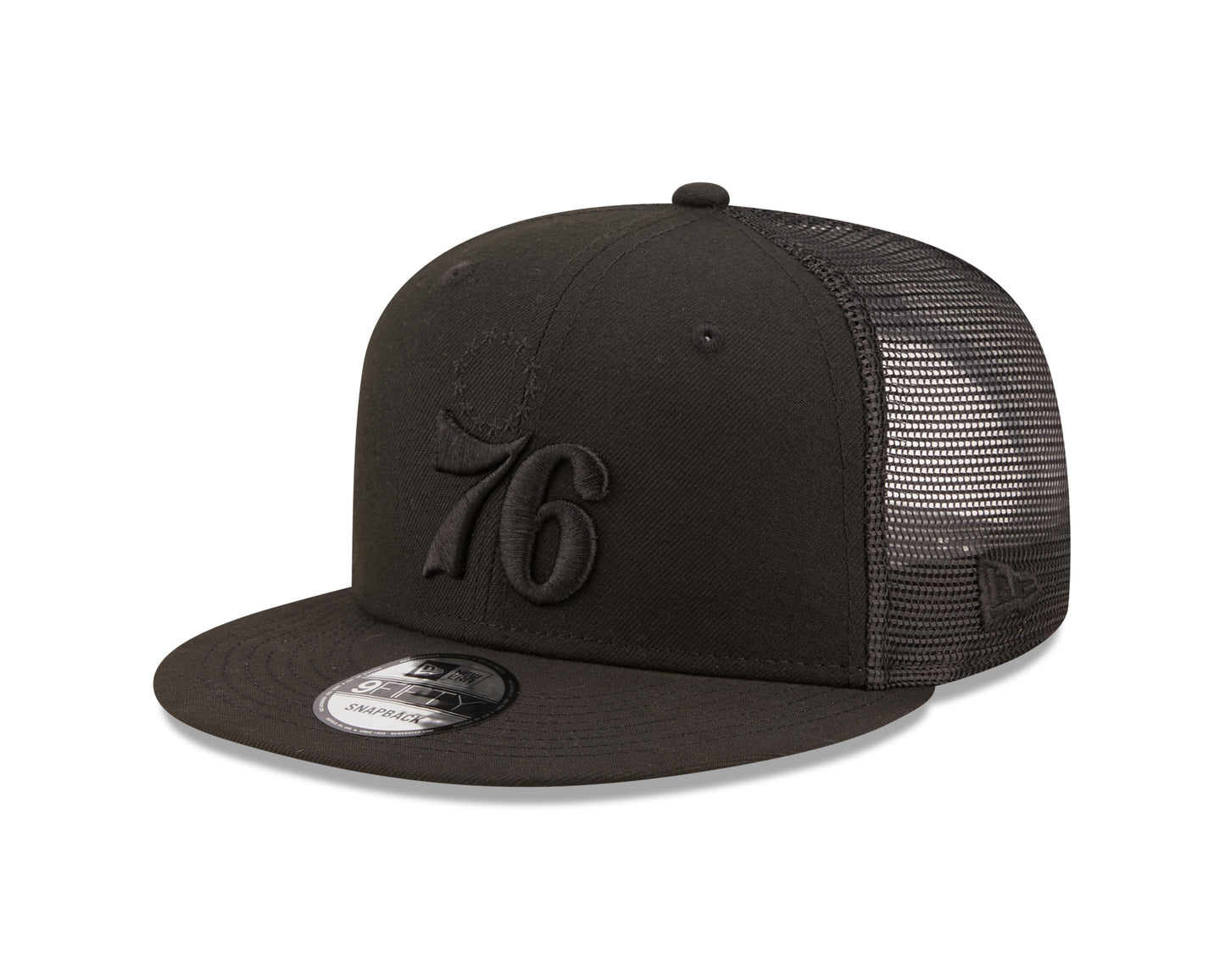 Philadelphia 76ers New Era Black on Black Classic Trucker Mesh 9Fifty Hat