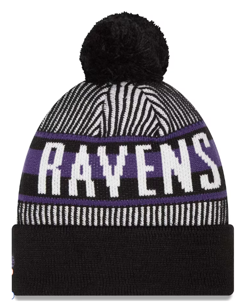 Baltimore Ravens New Era Striped Cuffed Knit Hat with Pom - Black