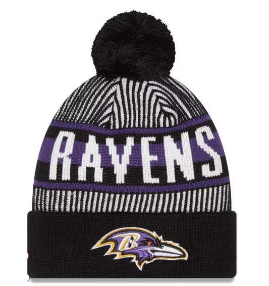 Baltimore Ravens New Era Striped Cuffed Knit Hat with Pom - Black