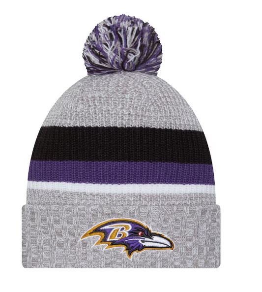 Baltimore Ravens New Era Youth Cuffed Knit Hat with Pom - Heather Gray