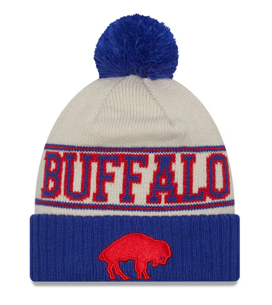 Buffalo Bills New Era 2023 Sideline Historic Pom Cuffed Knit Hat - Cream/Royal