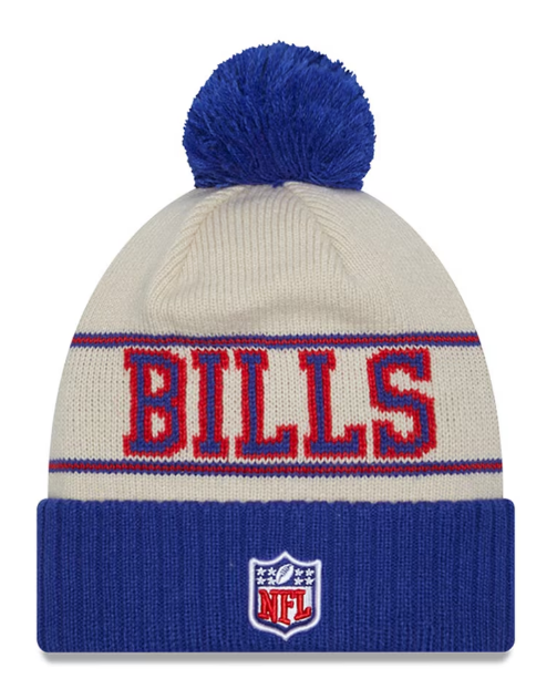 Buffalo Bills New Era 2023 Sideline Historic Pom Cuffed Knit Hat - Cream/Royal