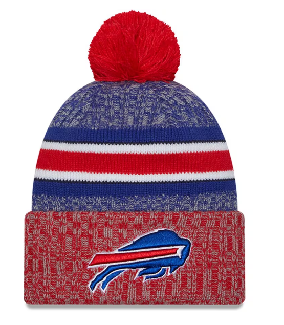 Buffalo Bills New Era 2023 Sideline Sport Cuffed Pom Knit Hat - Royal/Red