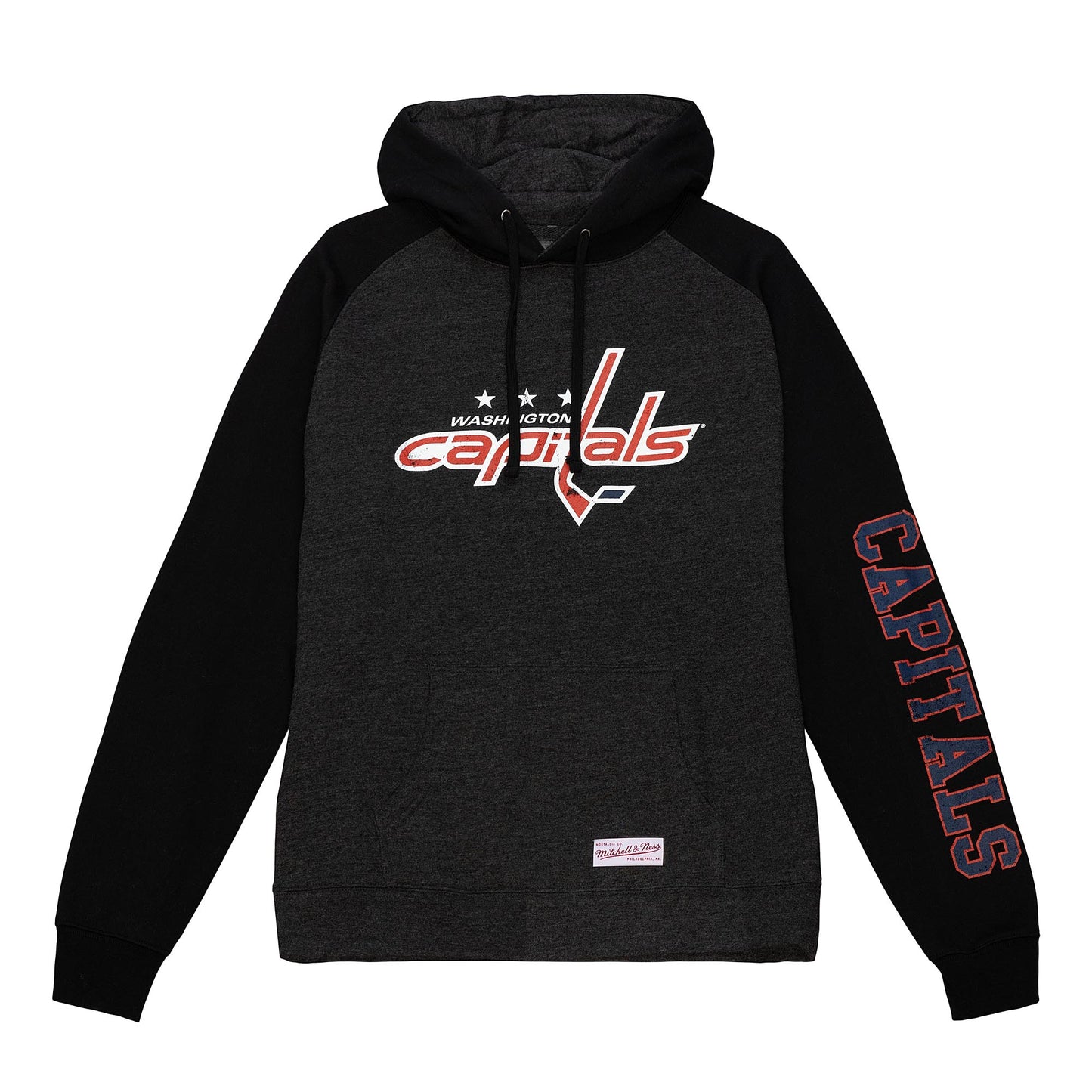 Washington Capitals Mitchell & Ness Distressed Logo Raglan Pullover Hoodie - Heather Black