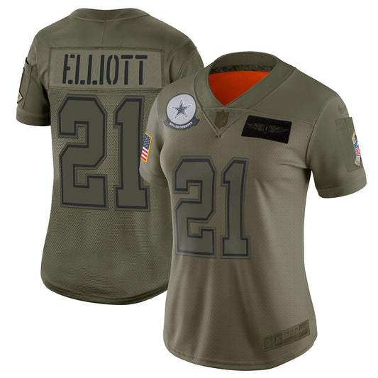 Dallas Cowboys #21 Ezekiel Elliott Salute to Service Women's Jersey - Olive