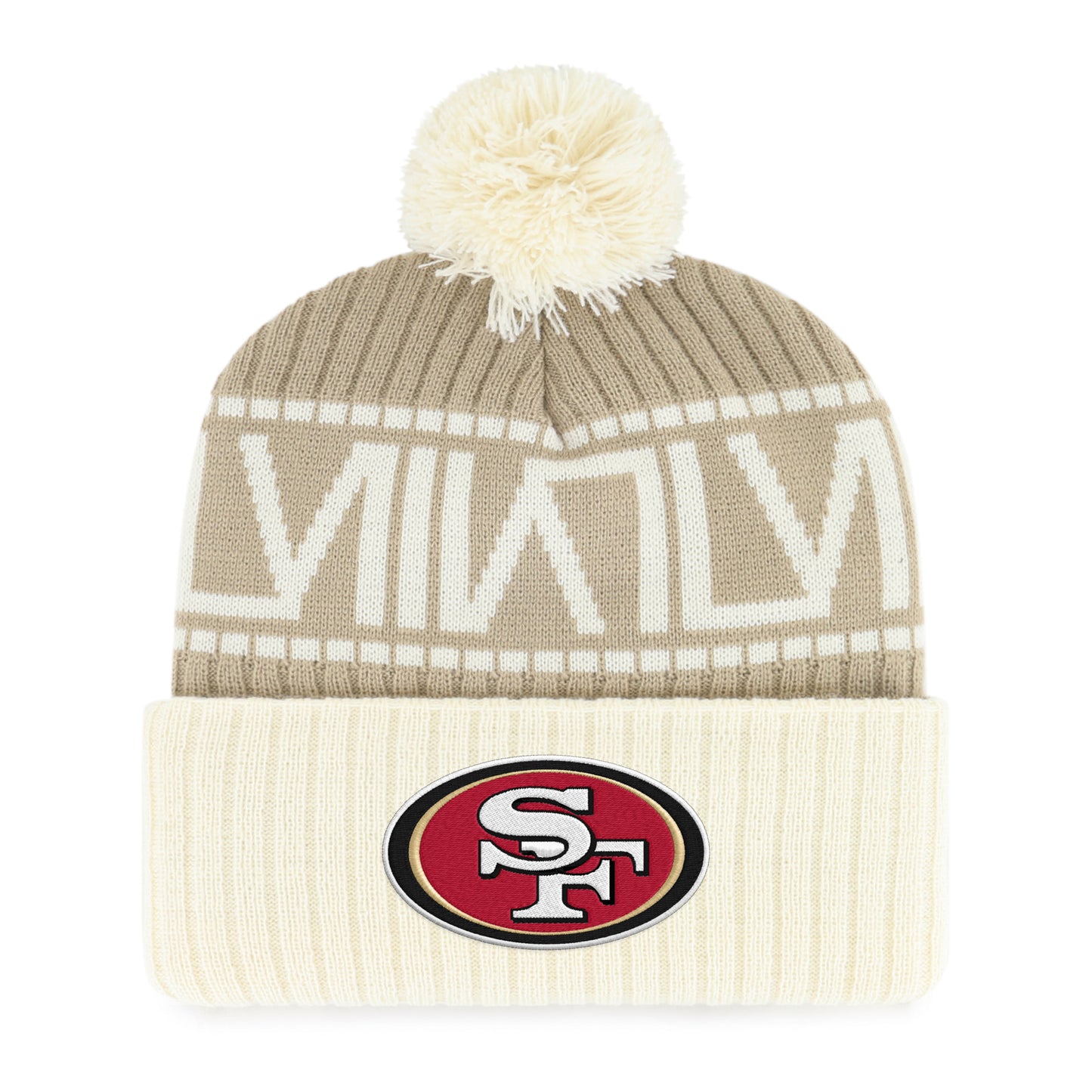 San Francisco 49ers '47 Super Bowl LVIII Double Cuffed Knit Hat with Pom - Khaki/Cream