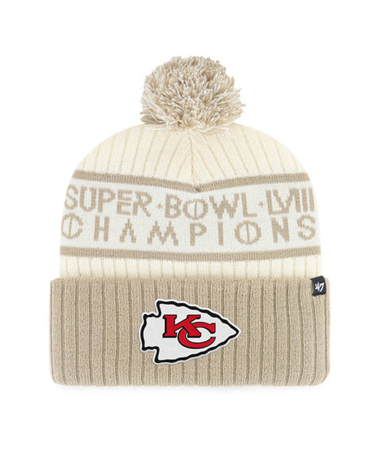 Kansas City Chiefs '47 Super Bowl LVIII Champions Type Cuffed Pom Knit Hat - Natural