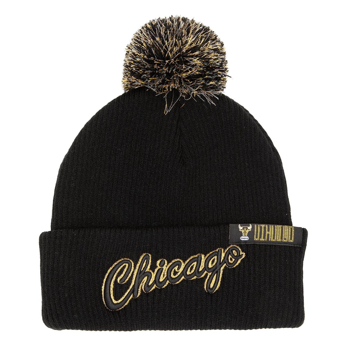 Chicago Bulls Mitchell & Ness MVP Hard Wood Classic Black/Gold Knit Hat w/Pom