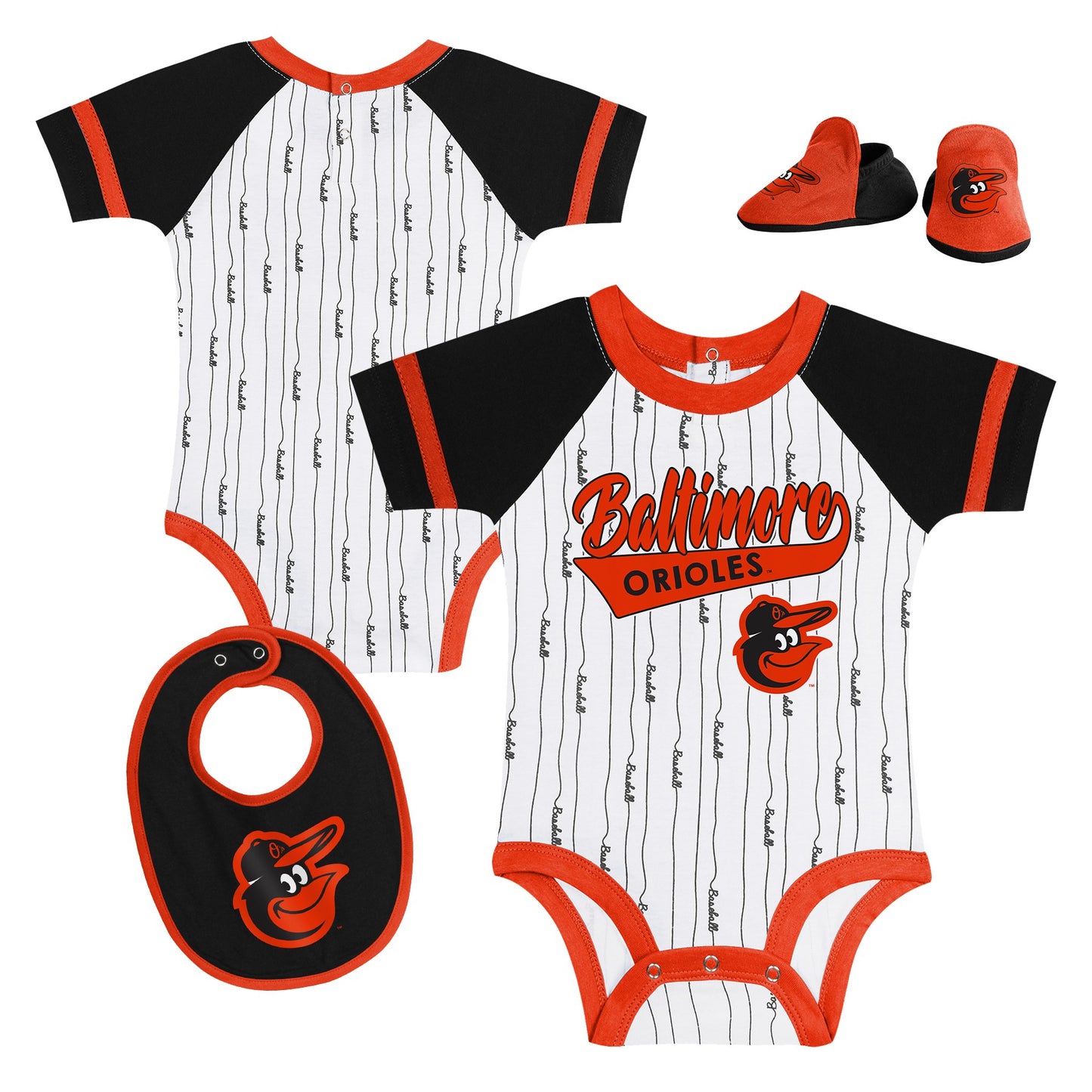 Baltimore Orioles Outerstuff Base Hitter Infant Creeper Bodysuit, Bib, and Bootie Set