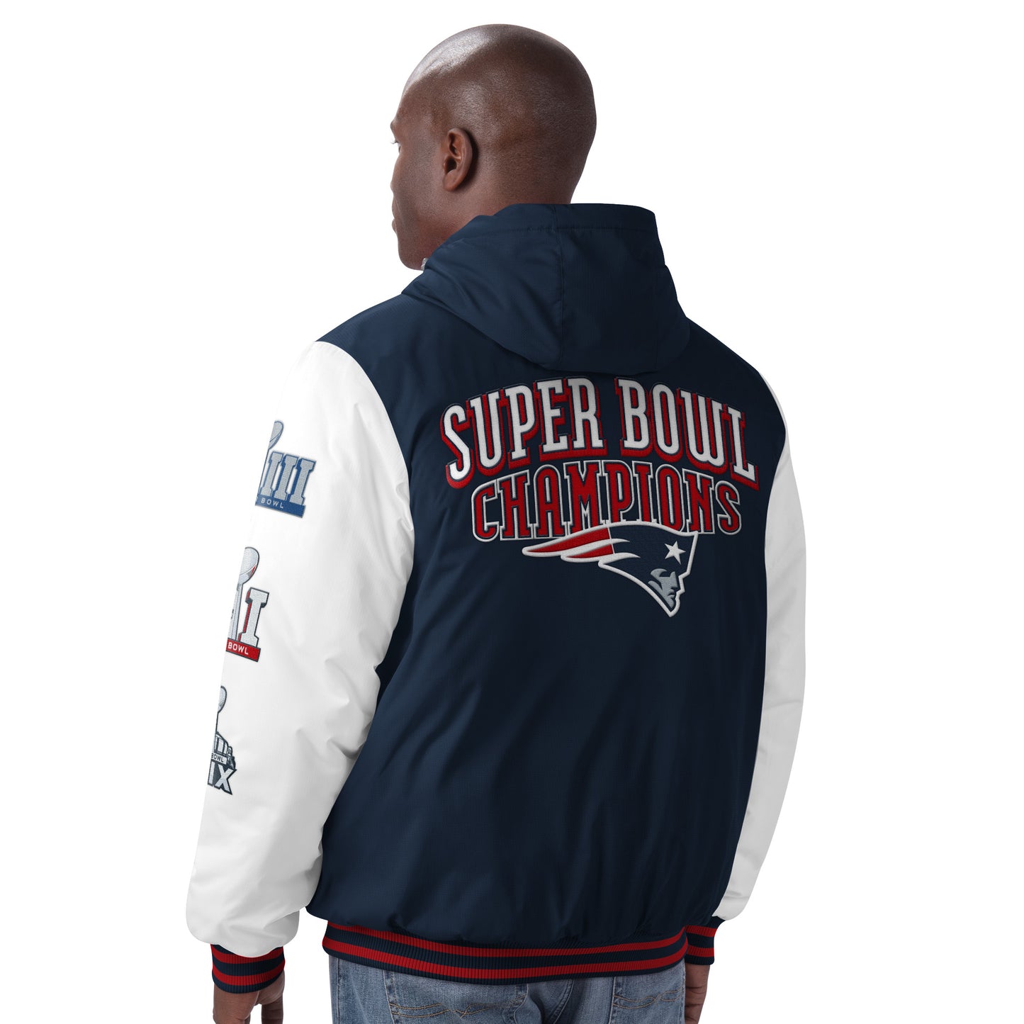 New England Patriots 6 Time Super Bowl Champions Spike Varsity Hooded Jacket - Blue