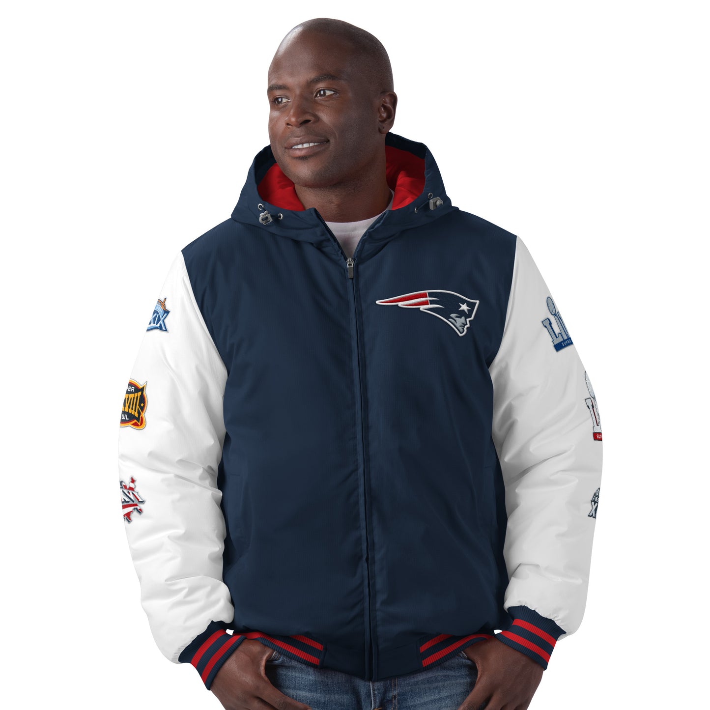 New England Patriots 6 Time Super Bowl Champions Spike Varsity Hooded Jacket - Blue
