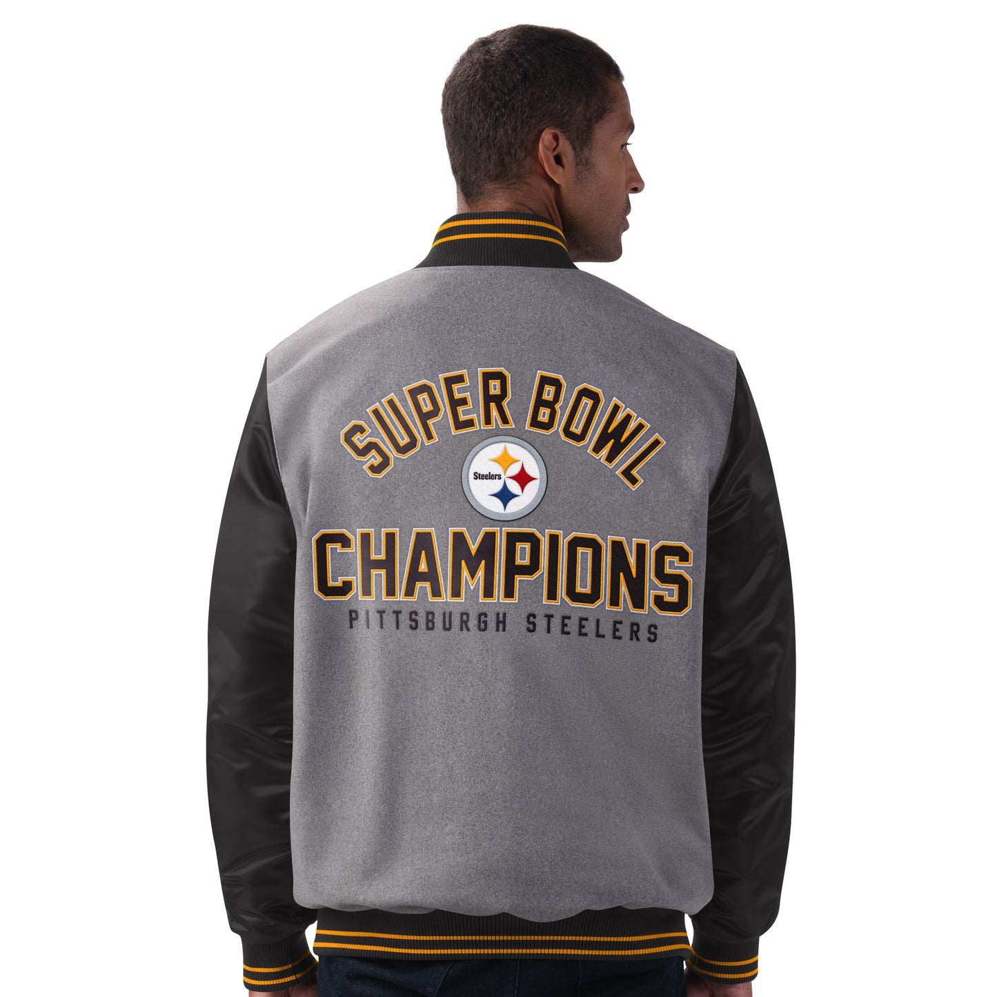 Pittsburgh Steelers 6 Time Super Bowl Champions BullPen Varsity Jacket By GIII - Gray