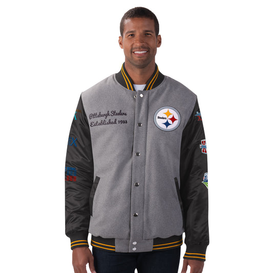 Pittsburgh Steelers 6 Time Super Bowl Champions BullPen Varsity Jacket By GIII - Gray