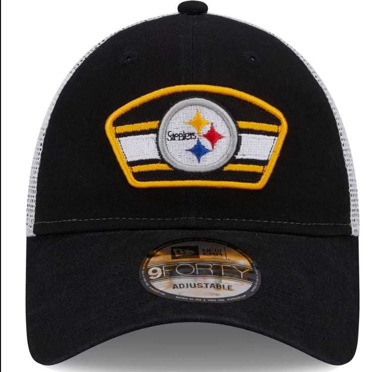 Pittsburgh Steelers New Era Logo Patch Trucker Mesh 9Forty Snap Back Hat - Black