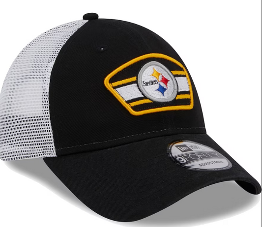 Pittsburgh Steelers New Era Logo Patch Trucker Mesh 9Forty Snap Back Hat - Black