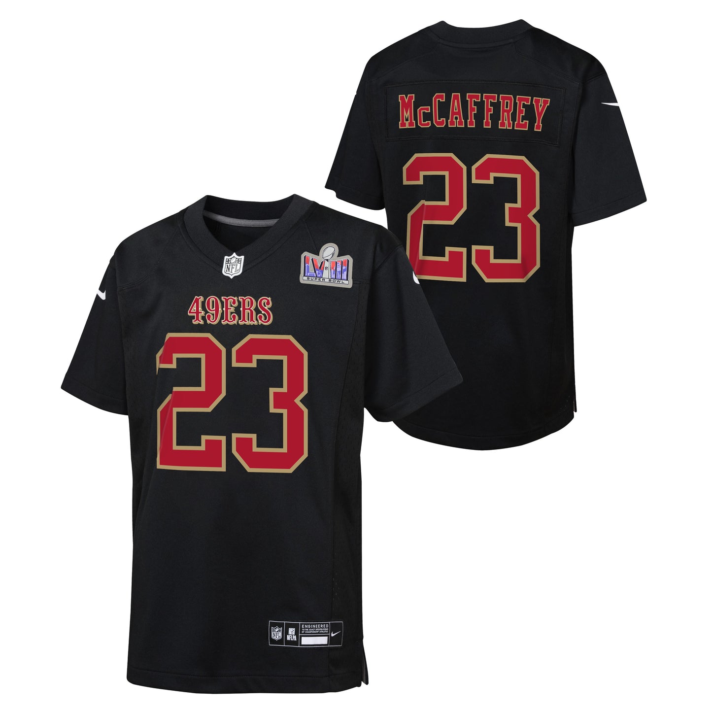 San Francisco 49ers Christian McCaffrey Nike Youth Super Bowl LVIII Patch Carbon Fashion Game Jersey - Black