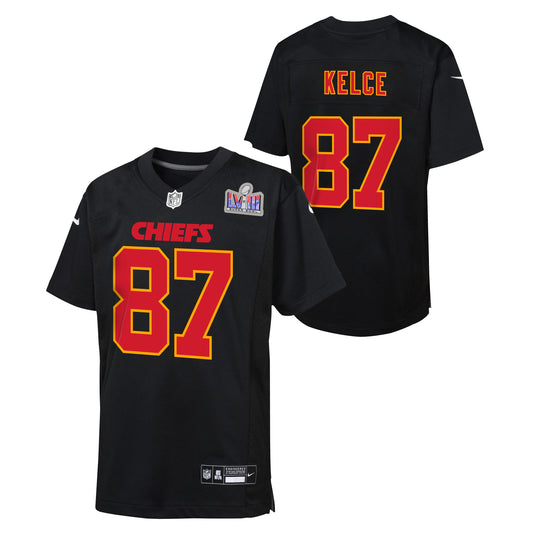 Kansas City Chiefs Travis Kelce Nike Youth Super Bowl LVIII Patch Carbon Fashion Game Jersey - Black
