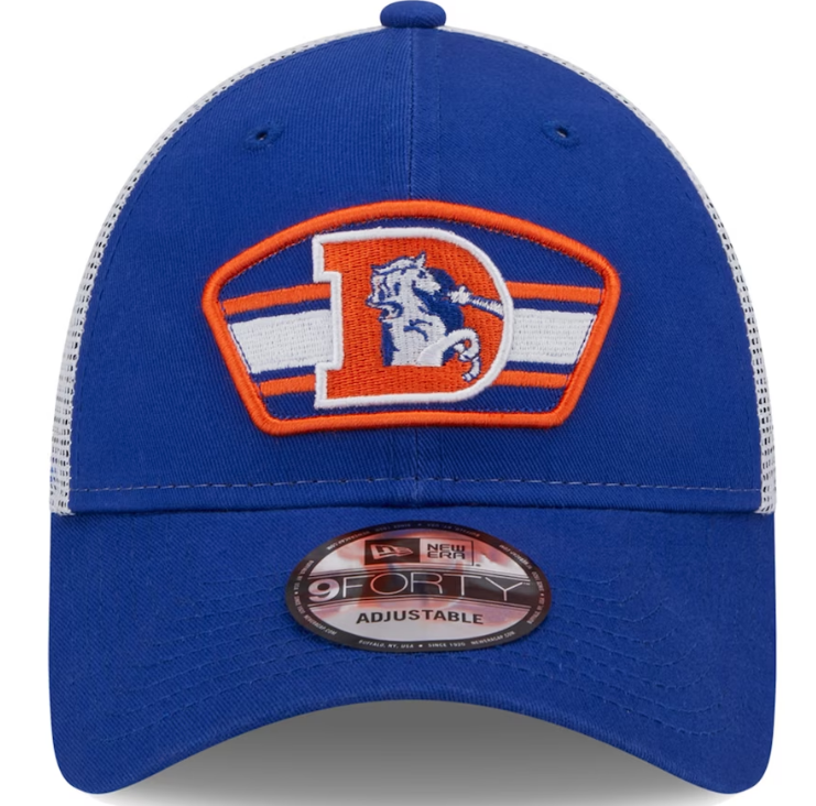 Denver Broncos New Era Logo Patch Trucker Mesh 9Forty Snap Back Hat - Blue