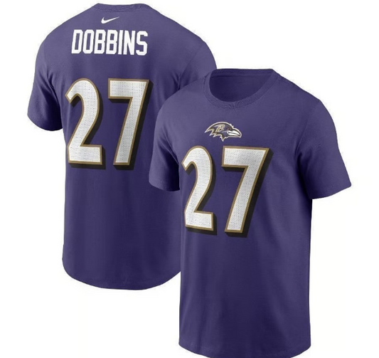 Baltimore Ravens J.K. Dobbins #27 Player Name & Number Men's T-Shirt - Purple