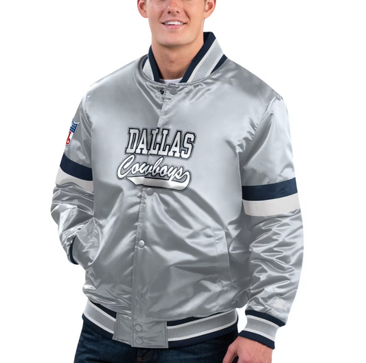 Dallas Cowboys Starter Home Game Satin Varsity Full Snap Men's Jacket - Gray