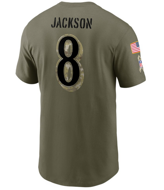 Lamar Jackson Baltimore Ravens Saulte to Service Name & Number Men's T-shirt