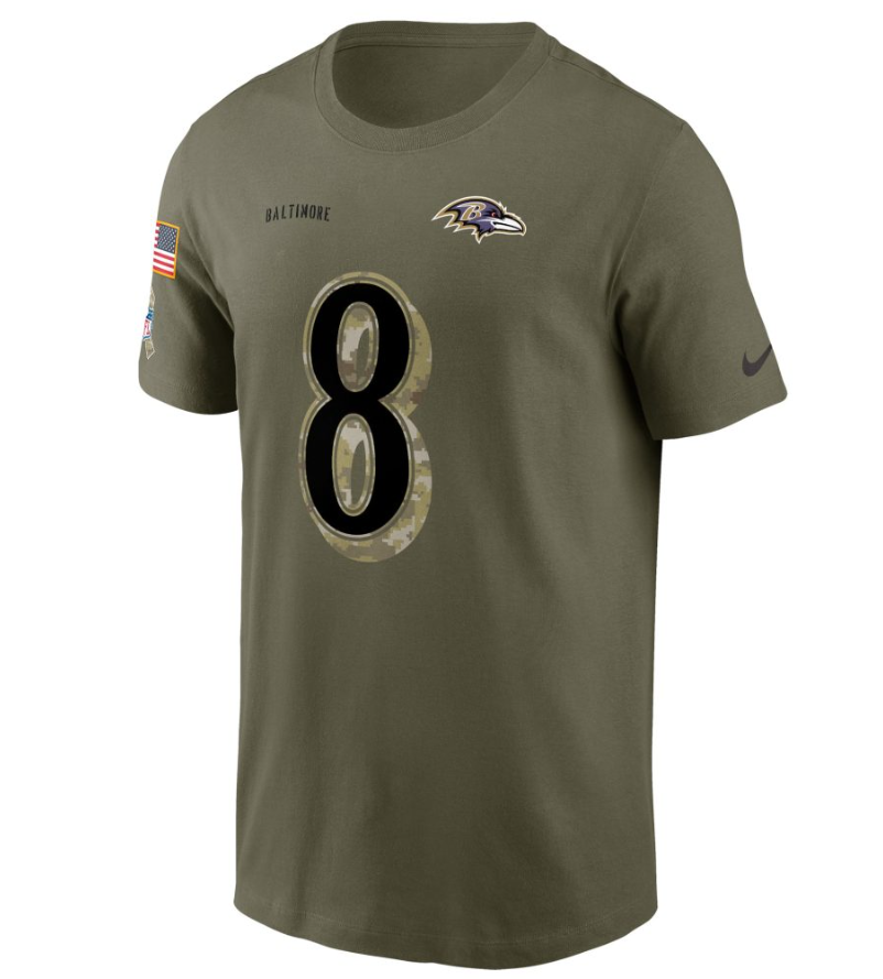 Lamar Jackson Baltimore Ravens Saulte to Service Name & Number Men's T-shirt
