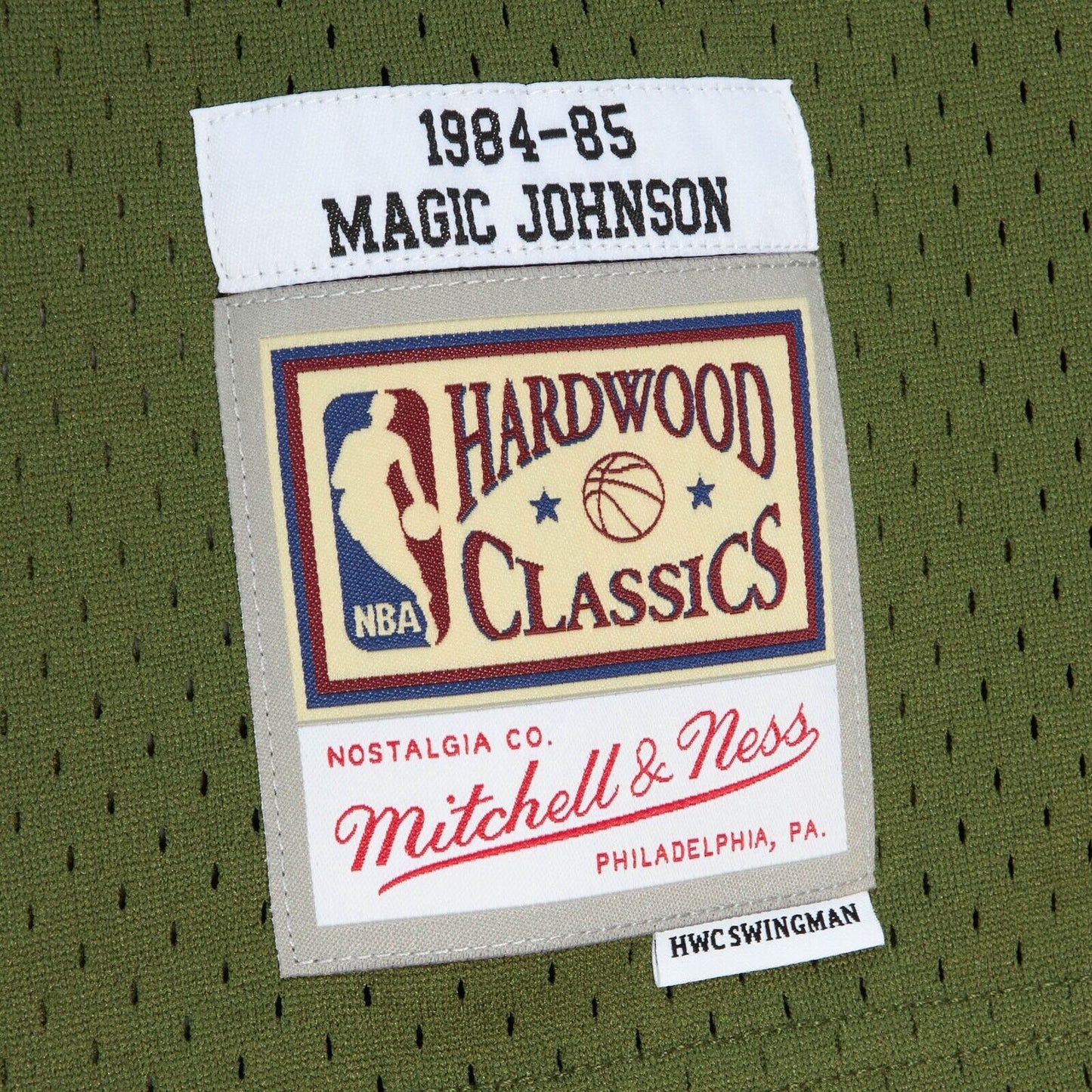 Los Angeles Lakers Mitchell & Ness #32 Magic Johnson Olive Flight 1984-85 Hardwood Classics Swingman Jersey