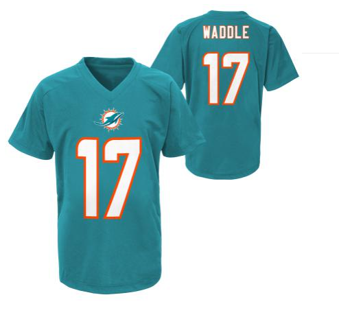 Miami Dolphins # 17 Jaylen Waddle Pre-School KIDS Perfomance Tee Shirt- Aqua